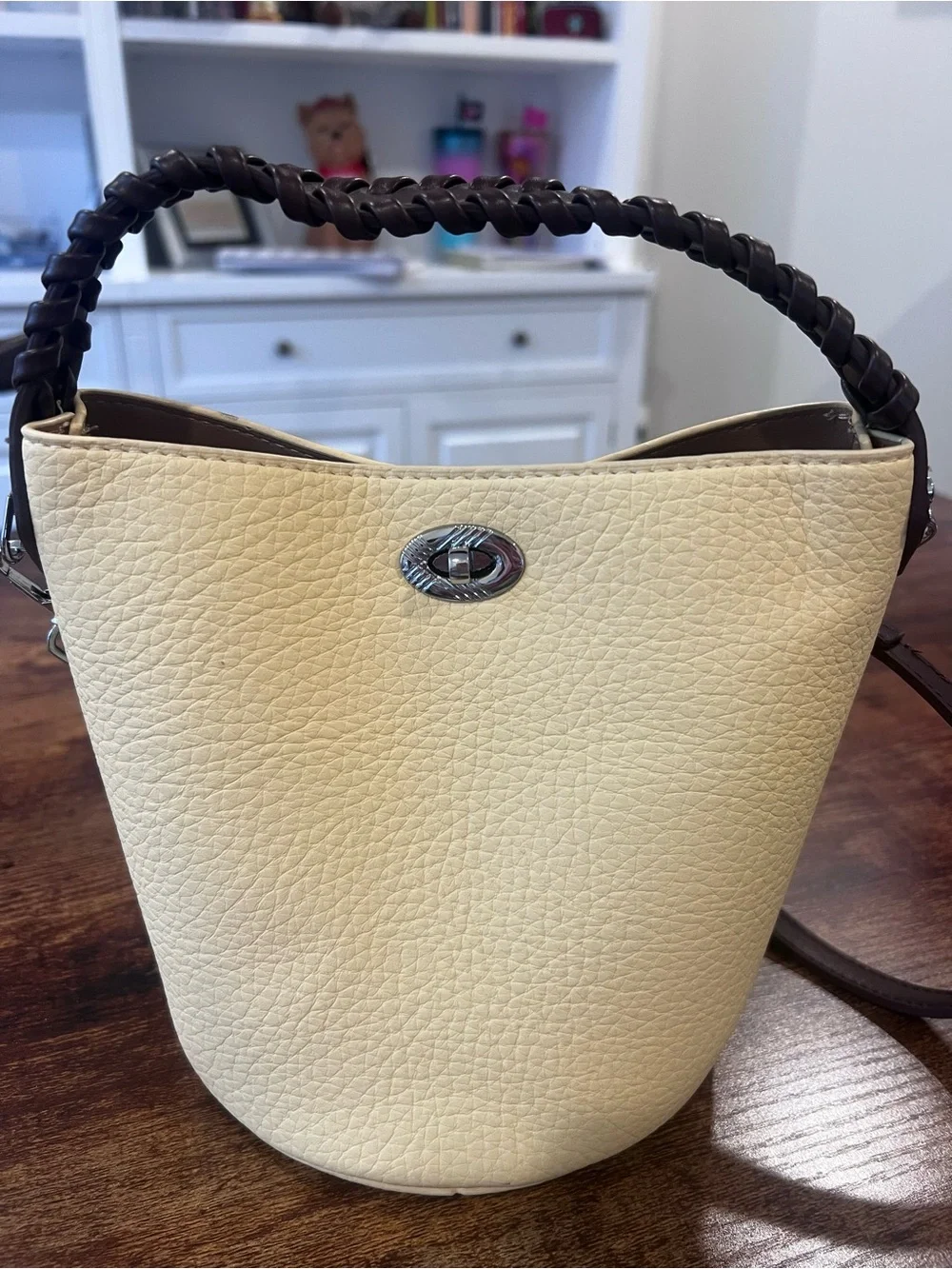 Lemon Yellow Leather Bucket Bag with Braided Faux Leather Handle